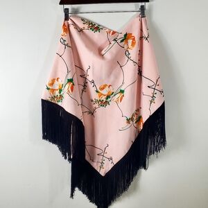 Pink Floral Scarf with long Fringe